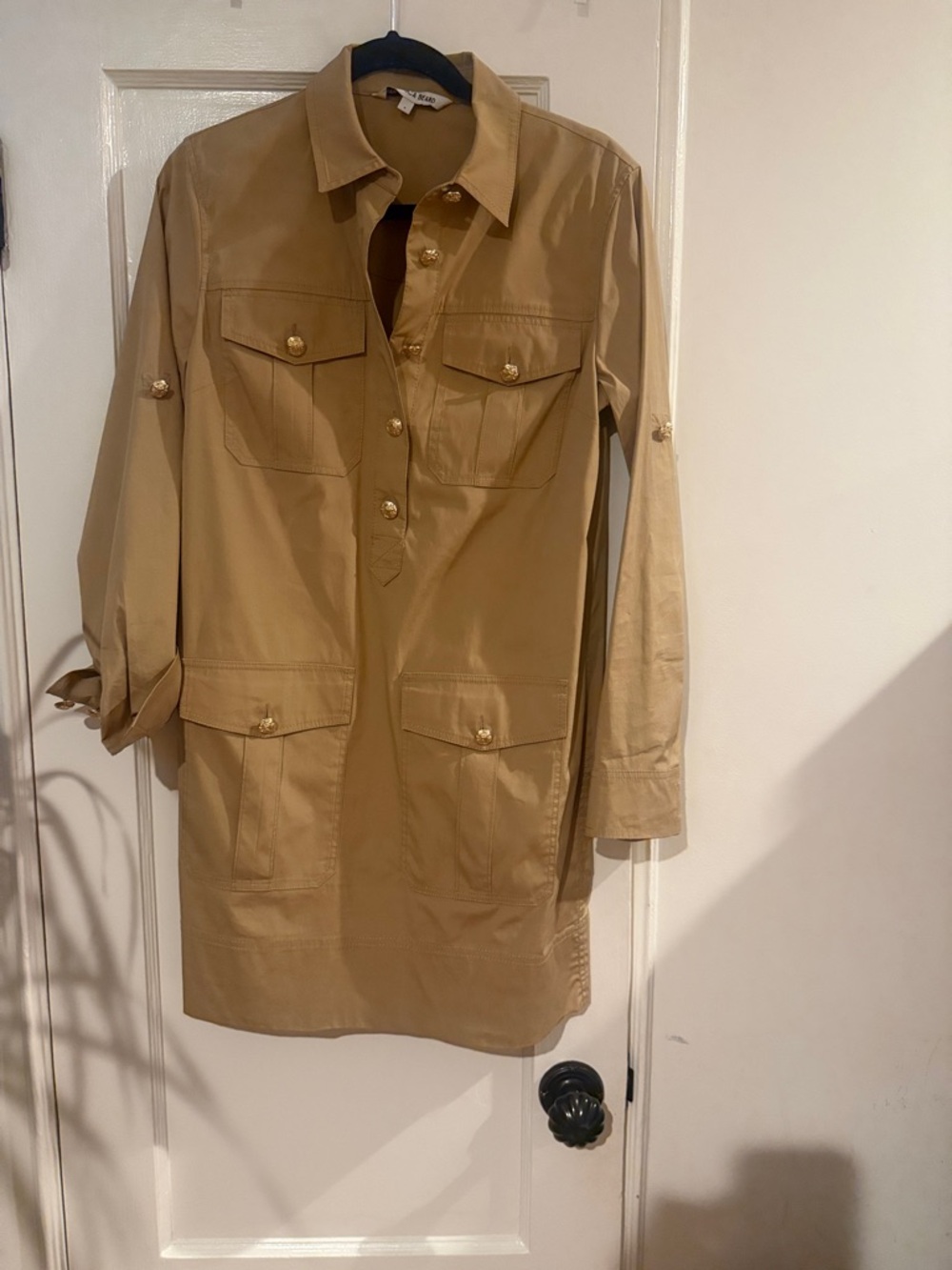 Veronica Beard Button-Front Utility Shirt Dress in Tan